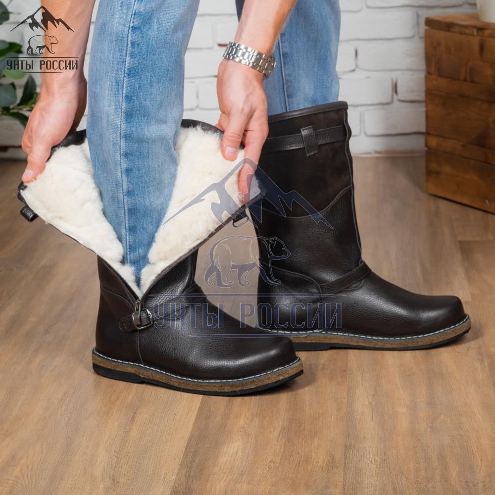 Монголки мужские натуральные коричневые с замком, войлочная подошва